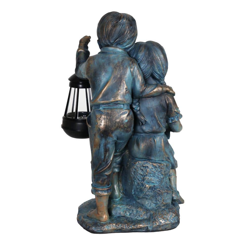 Solar Faux Bronze Girl and Boy Garden Statue with LED Lantern