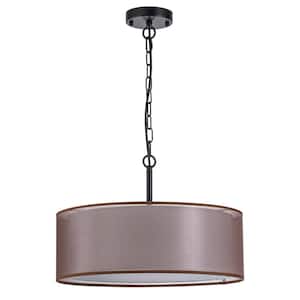 4-Lights Matte Black Modern/Contemporary Drum Hanging Pendant Light with Double Fabric Shades