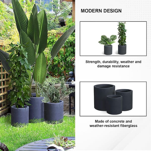 15.8 in., 12.6 in. and 9.8 in. Tall Charcoal Lightweight Concrete Outdoor Modern Cylindrical Planters (Set of 3)
