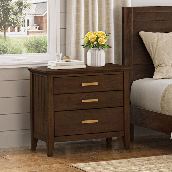 Dark Brown Modern 3-Drawer 25.8 in. W Solid Wood Nightstand Bedside Table with Storage