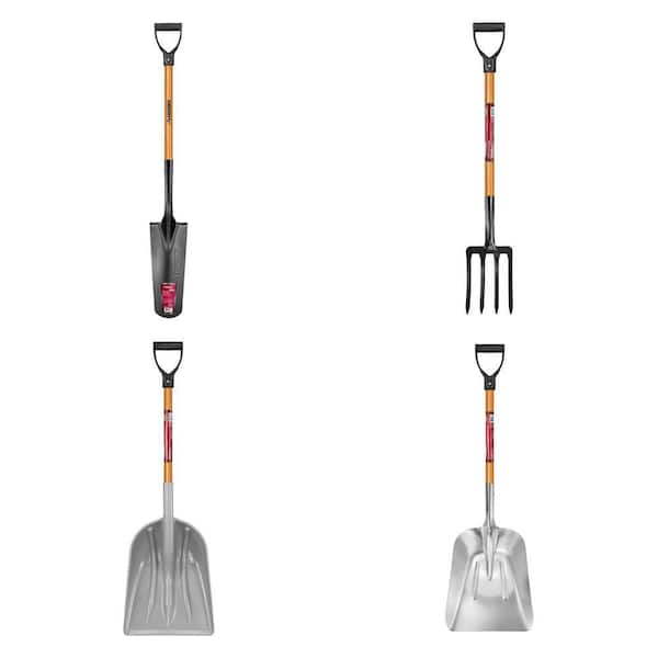 28 in. Wood Handle Drain Spade, 28 in. Spading Fork, 31 in. Poly Scoop Shovel and 28 in. Aluminum Scoop Shovel Combo