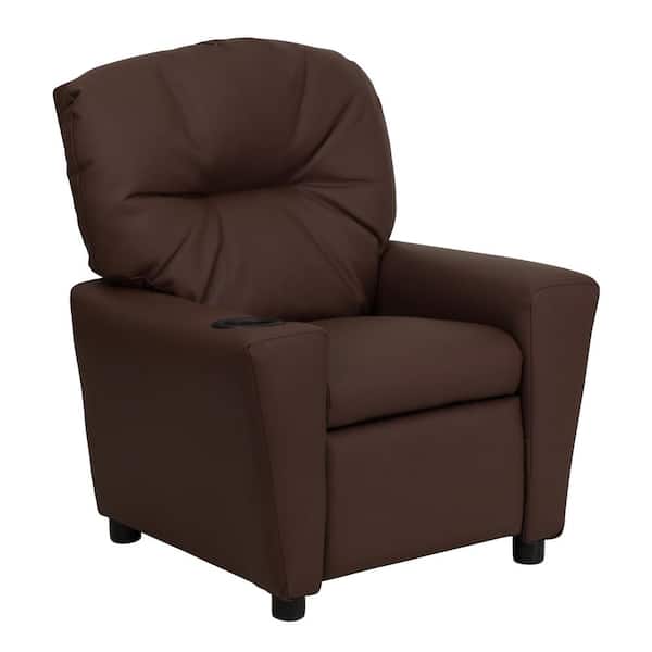 Contemporary Brown Leather Kids Recliner with Cup Holder