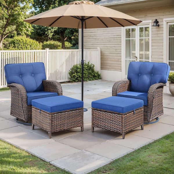 Brynn 4-Piece Brown Wicker Outdoor Rocking Chair Patio Swivel Glider Lounge Chairs with Blue Cushions and Ottomans