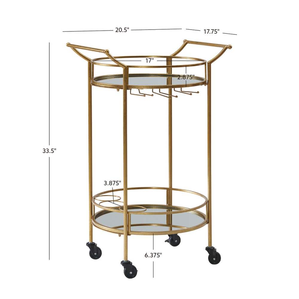 Transitional Round Gold Metal Bar Cart with Mirrored Shelves and Wine Storage