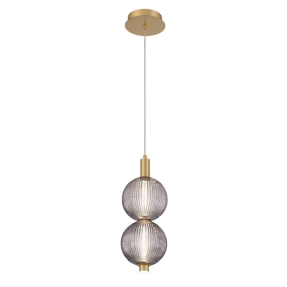Gold and Smoke Ribbed Glass 2-Light LED Pendant