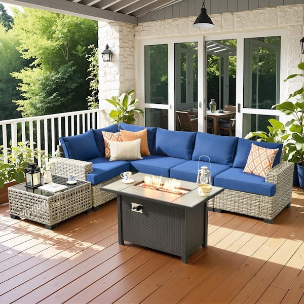 Caodoc Silvae Gray 7-Piece PE Rattan Wicker Modern Outdoor Patio Conversation Sets with Fire Pit Table and Navy Blue Cushion