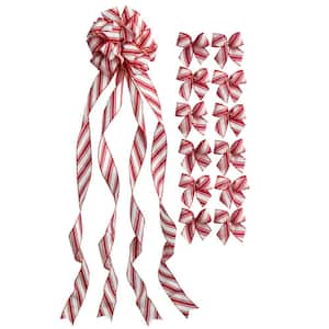 53 in. Ivory and Red Stripe Bow Christmas Tree Topper with 12 Matching Mini Bows