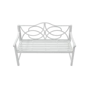 White Iron Metal Steel Outdoor Bench with Backrest and Armrest, Slatted Seat for Park, Yard, Porch, Balcony