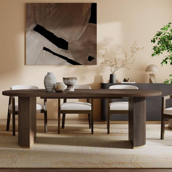 Jiana Walnut MDF Wood 88 in. W Double Pedestal Oval Dining Table, 6-Seat