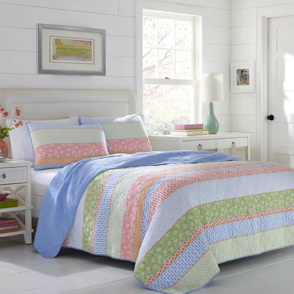 Poppy & Fritz Charlie 3-Piece Blue Striped Cotton Full/Queen Quilt Set