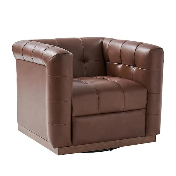 JAYDEN CREATION Gunther Brown Genuine Leather Swivel Club Chair with Wooden Apron