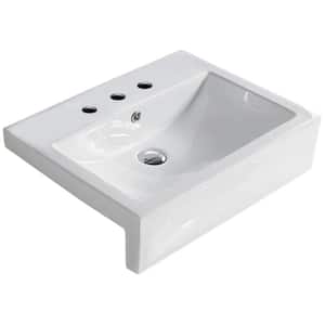 23.6 in. W Semi-Recessed White Rectangular Bathroom Vessel Sink For 3 Hole 8 in. Center Drilling