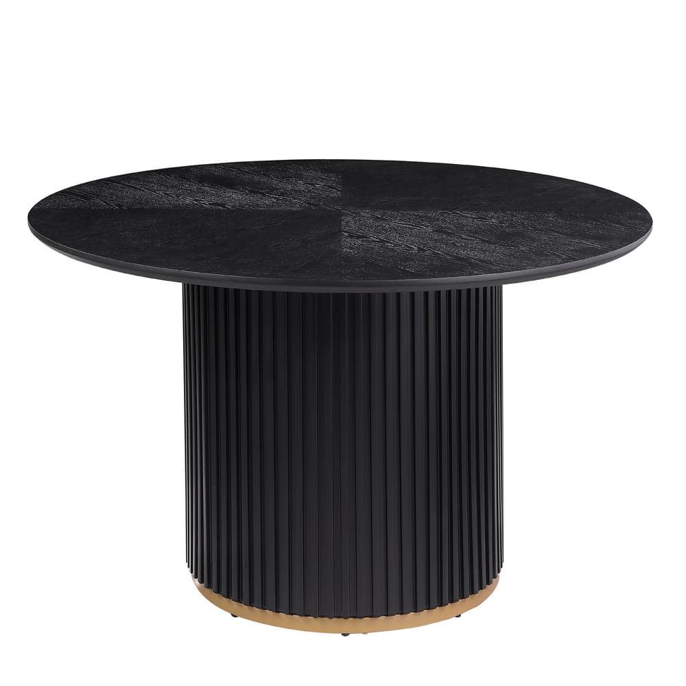 Black Wood Round Pedestal Dining Table with Gold Base, 47.3 in