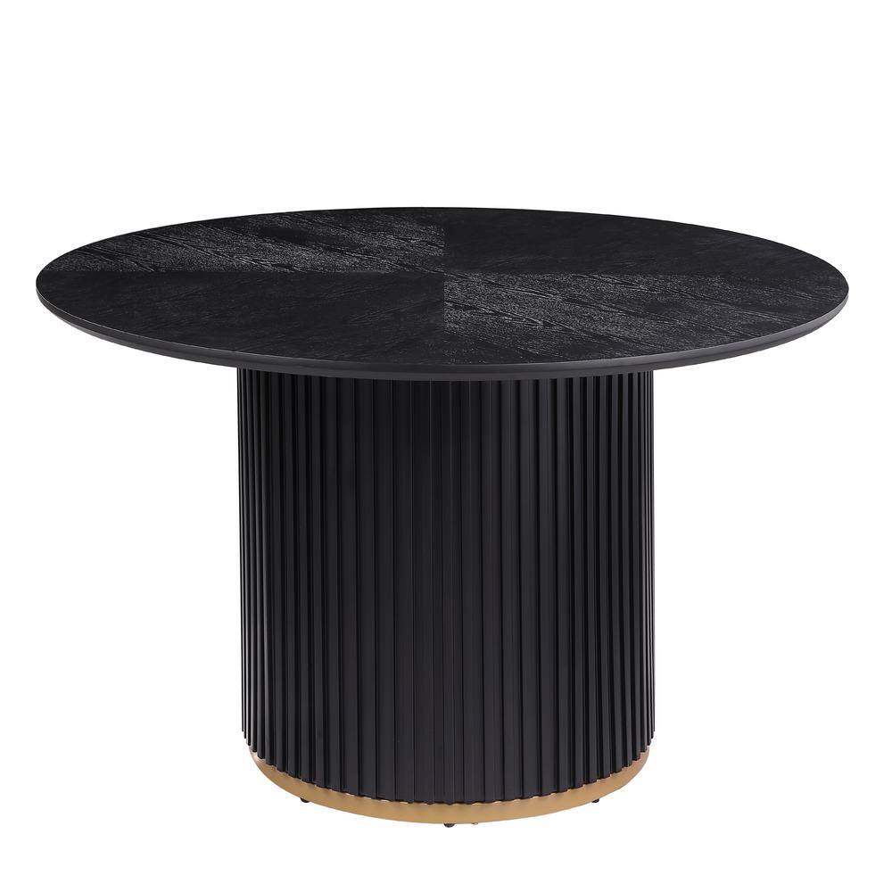 Black Wood Round Pedestal Dining Table with Gold Base, 47.3 in