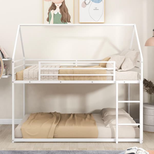 White Twin over Twin House Bunk Bed with Built-in Ladder