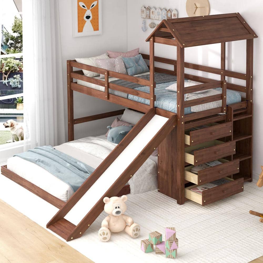 Harper & Bright Designs Brown Twin Over Full House Bunk Bed With Slide
