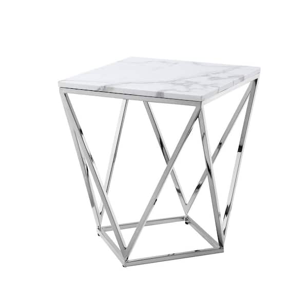 Inspired Home Ignacio 18 in. Wide White/Chrome Square Marble Stone Top End Table
