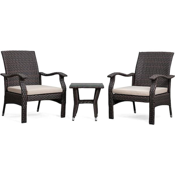 Miles 3-Piece Wicker Outdoor Bistro Set with Beige Cushions