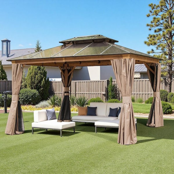 10 ft. x 12 ft. Wood Grain Aluminum Double Galvanized Steel Roof Gazebo with Ceiling Hook, Mosquito Netting and Curtains
