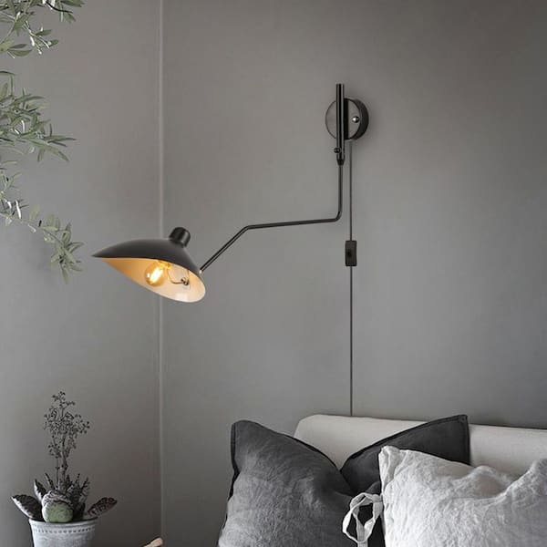 Modern 9.8 in. 1-Light Plug in Wall Sconces with Black Swing Arm Shade, Farmhouse Reading Wall Lamp with Switch