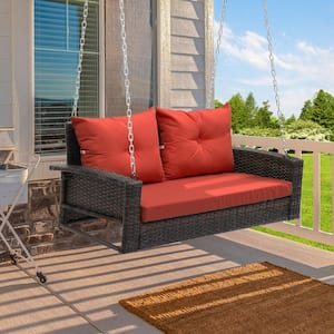 Brown Patio Swing Lounge with Cushions 2-Person Rattan Hanging Porch Swing Chair Outdoor