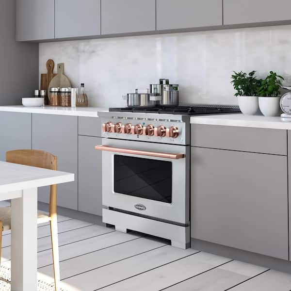 36 in. 4.5 cu. ft. Gas Range with 6-Burners in Stainless Steel with Rose Gold Custom Handle and Knob Kit