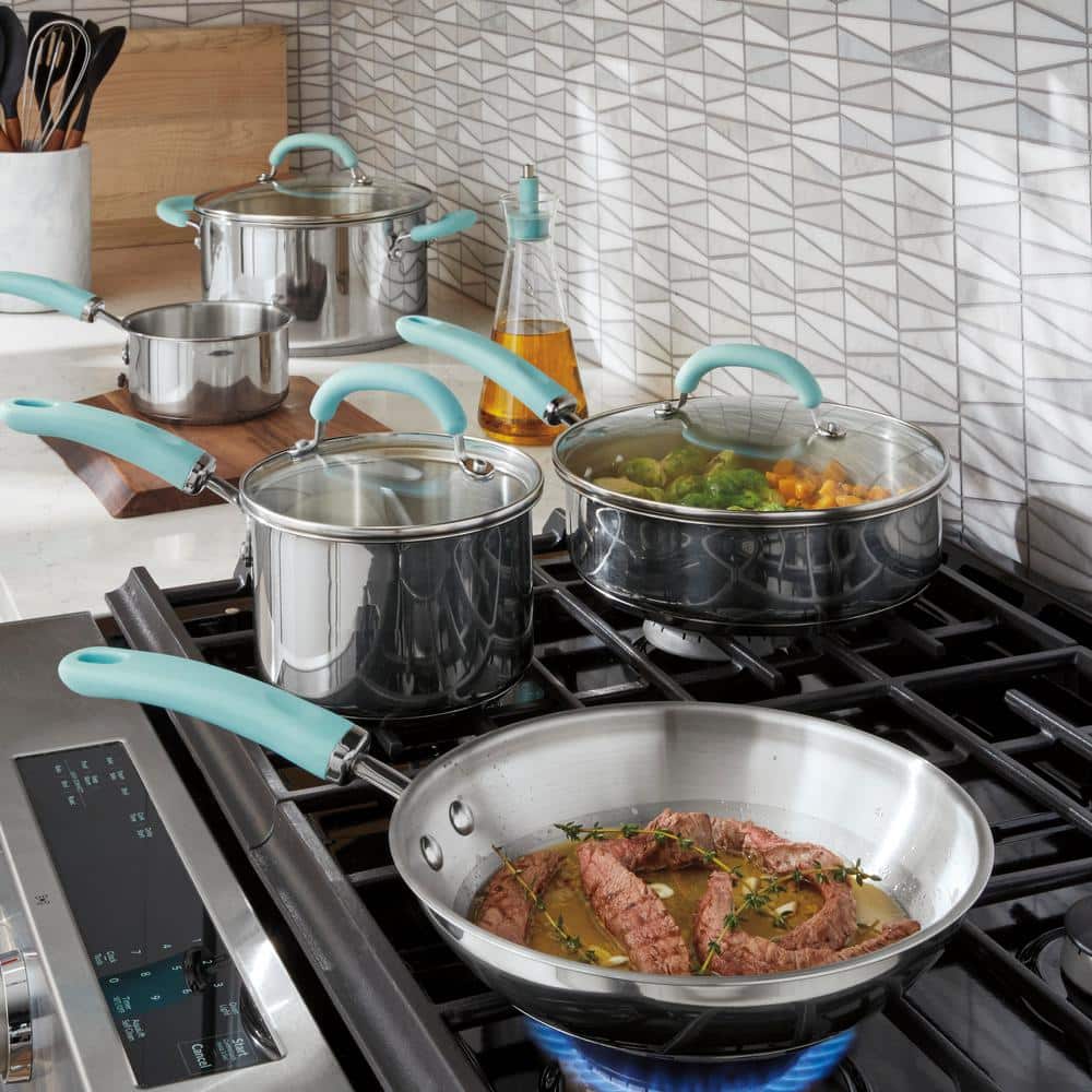 10-Piece Stainless Steel Cookware Set with Light Blue Handles
