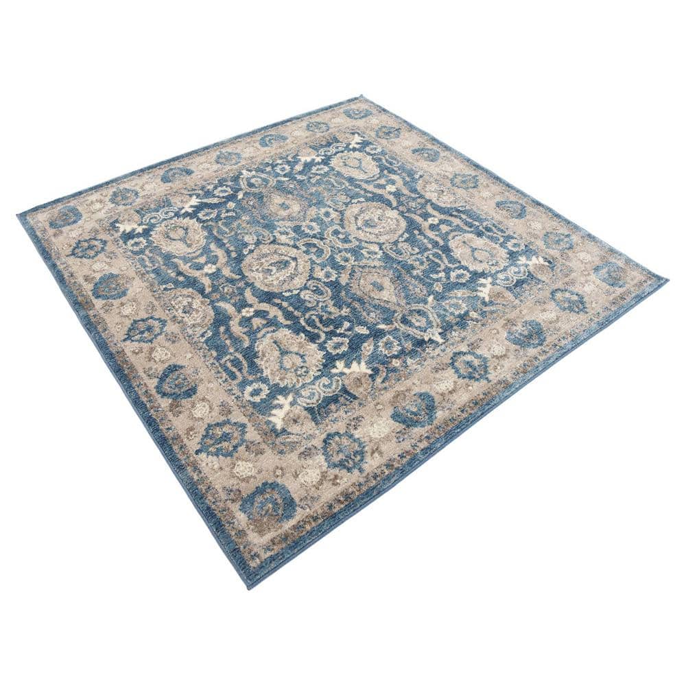 Light Blue Floral Synthetic Square Rug, 5' x 5'