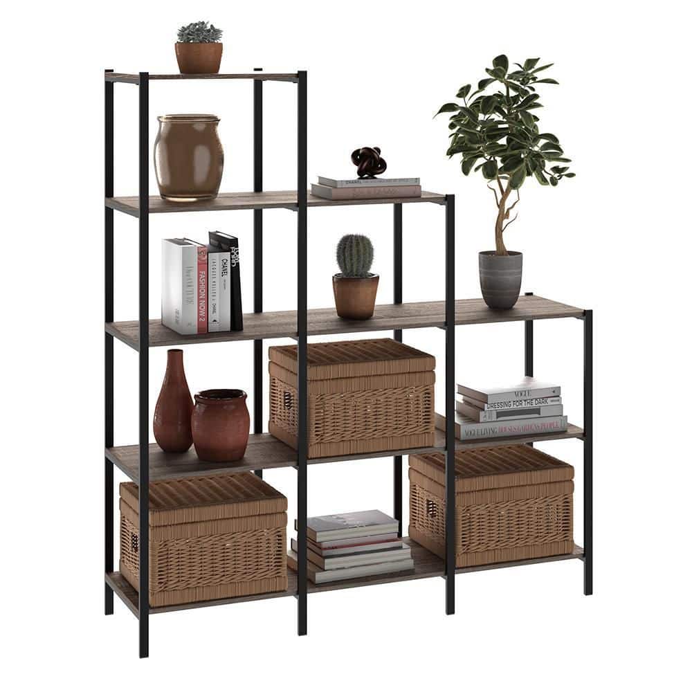 Weathered Gray 5-Tier Ladder Bookcase with Black Metal Frame