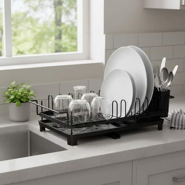 Black Stainless Steel Dish Drying Rack with Adjustable Cutlery Holder, Expandable Over Sink Drainer with Tray