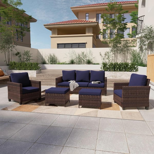 Sonkuki 5-Piece Brown Wicker Patio Sofa Set Outdoor Conversation Set with 3-Seat Sofa Ottomans, Navy Blue Cushions