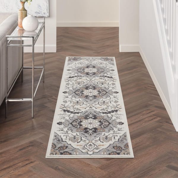 Elation Ivory Grey 2 ft. x 8 ft. Center Medallion Traditional Kitchen Runner Area Rug