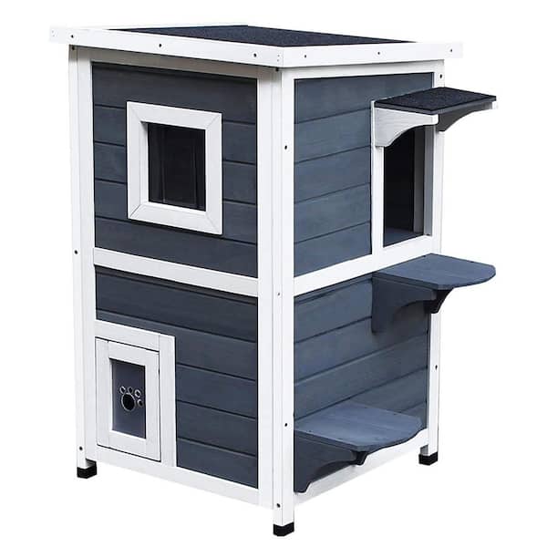 Outdoor Cat House Weatherproof 2-Story Wooden Cat Enclosure with Escape Door, Opening Asphalt Roof, Dark Gray