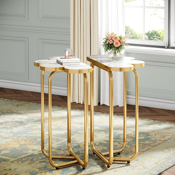 Kerlin 24 in. White Flower Faux Marble End Table with Gold Metal Frame, Side Table Nightstand for Bedroom, Living Room