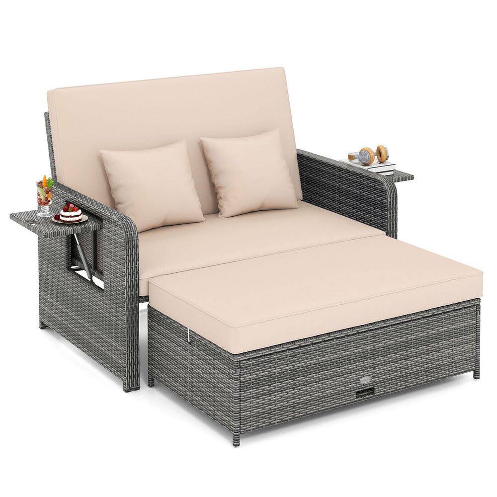 Wicker 1 Piece Outdoor Loveseat Sofa with Ottoman and Retractable Side Tray, Beige Cushions price history on PriceWatchPro