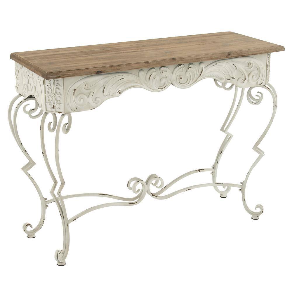 French Provincial White Metal Scroll Console Table with Fir Wood Top