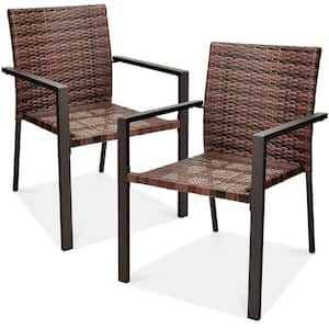 Set of 2 Stackable Light Brown Wicker Chairs with Armrests, Steel Conversation Accent Furniture for Patio