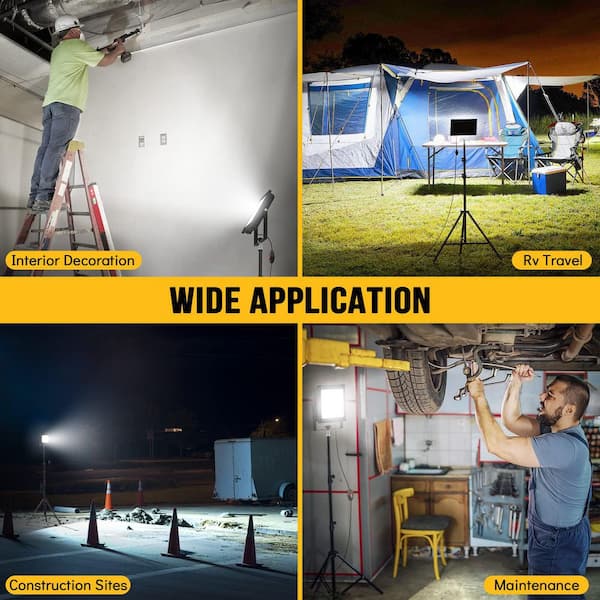 110 Volt 11000 Lumen Integrated LED Work Lights, 2-Pcs Tripod Flood Lights w/Adjustable Heads and 13 ft. Cord IP65 Rated