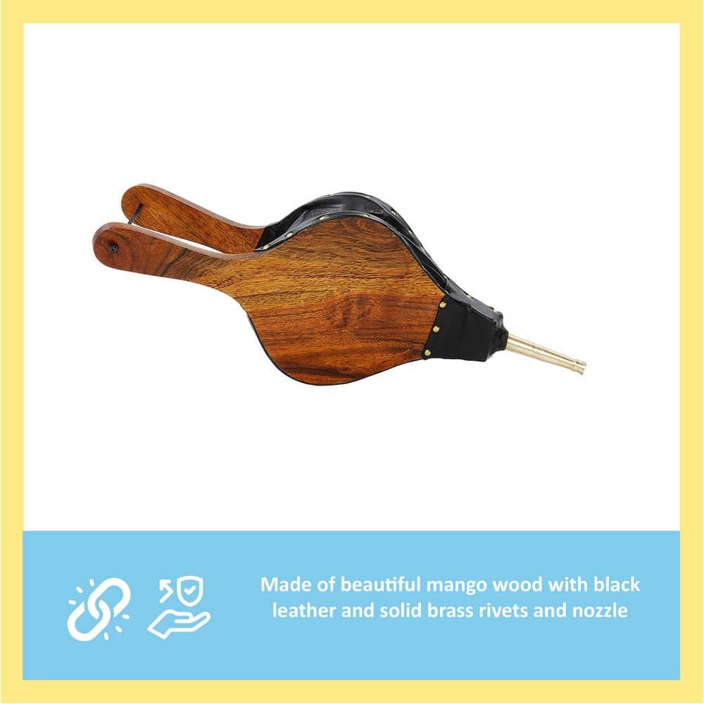 Large Natural Mango Wood Black Leather Brass Fireplace Bellows