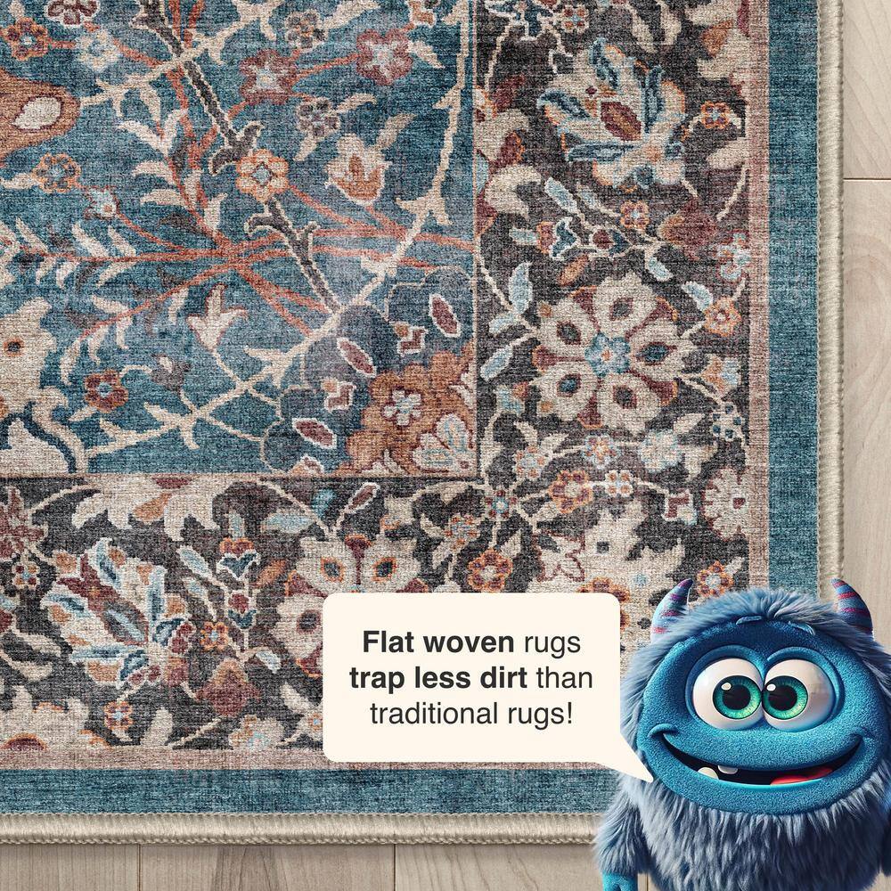 Teal Vintage Oriental Flat-Weave Washable Area Rug