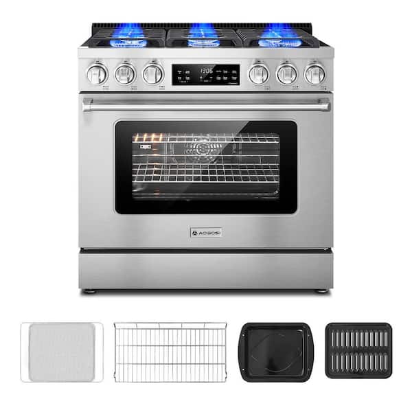36 in. 6 Burners Free-Standing Gas Range in Stainless Steel, 2-in-1 Gas Cooktop & Range Oven with Air Fryer, Keep Warm