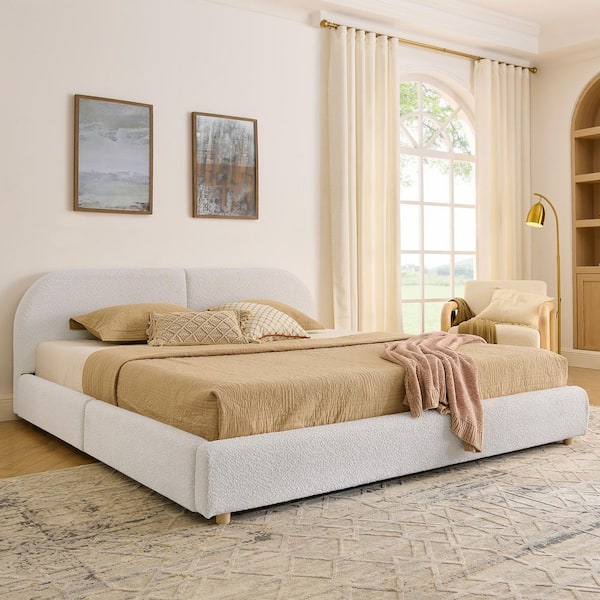Elbert Modern Minimalist Beige Wood Frame King Size Platform Bed with Tall Curved Headboard, Wheeled Storage Drawers