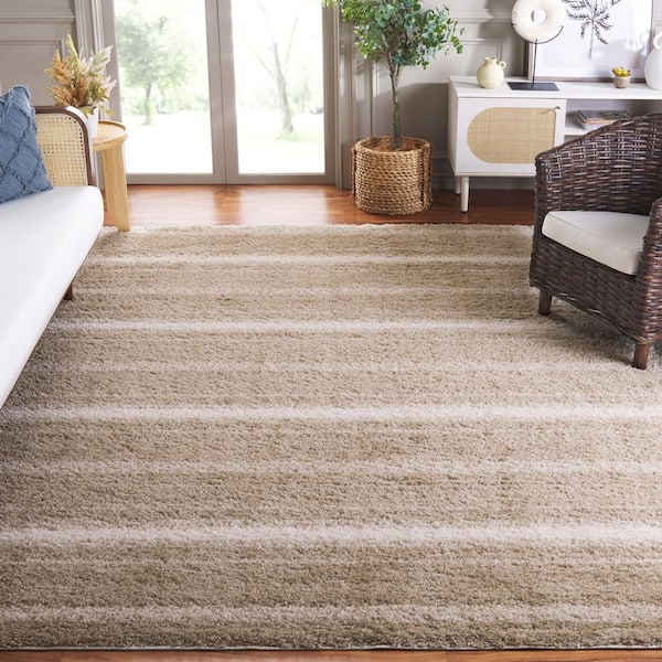 Border and Stripe Shag 9 ft. x 12 ft. Beige/Ivory Faded Striped Area Rug