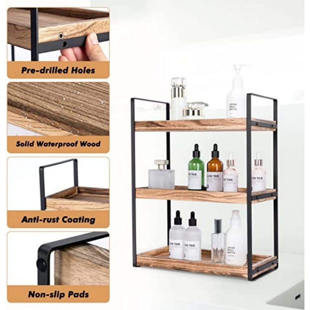 Brown Wood and Black Metal 3-Tier Freestanding Shelf