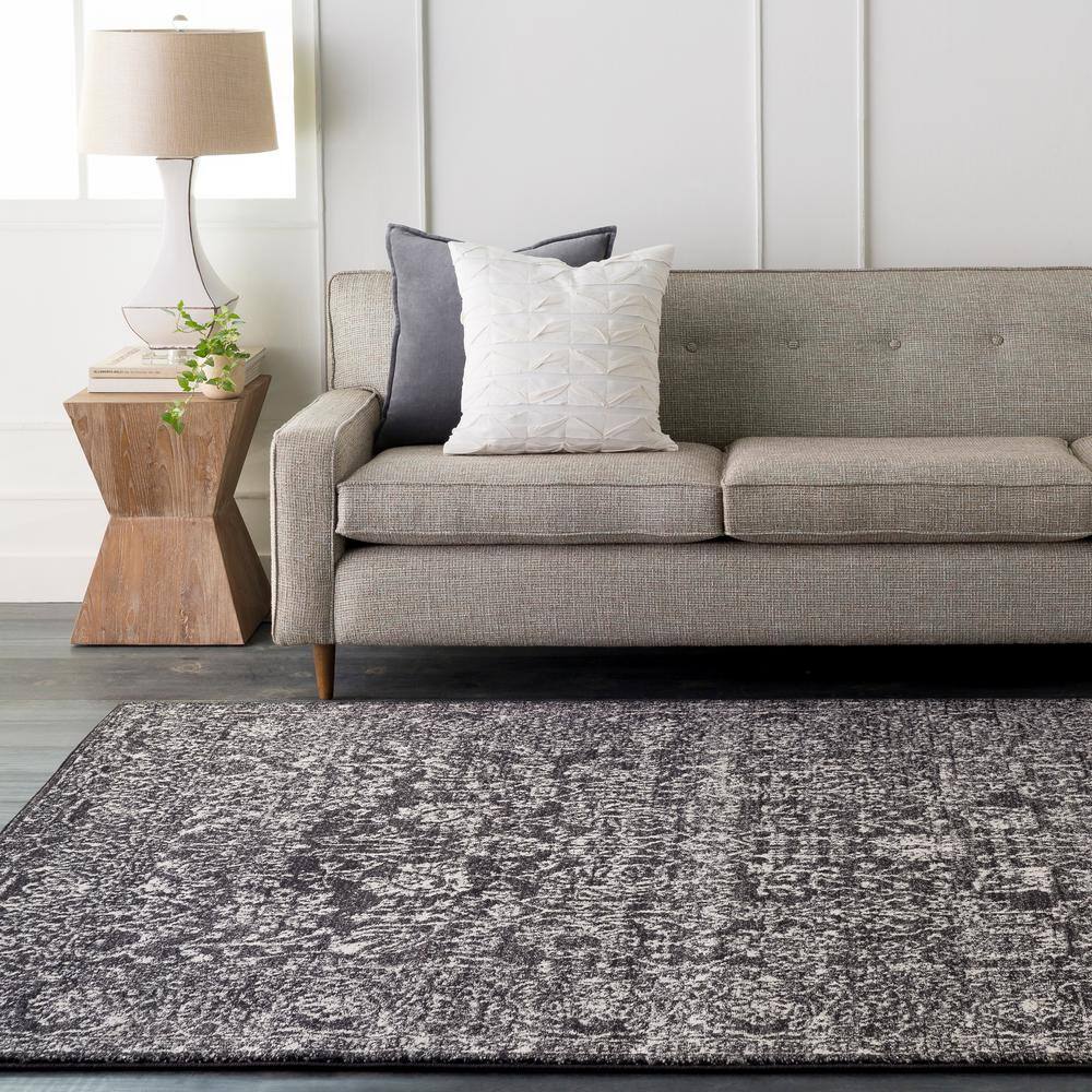 Black and Gray Medium Pile Synthetic Area Rug