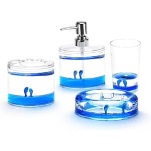 Set of 4 Bathroom Vanity Accessories Set- Acrylic Liquid 3D Floating - Clear Dolphin,Blue