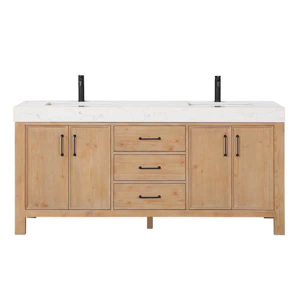 ROSWELL León 72 in.W x 22 in.D x 34 in.H Double Sink Bath Vanity in Fir Wood Brown with White Composite Stone Top