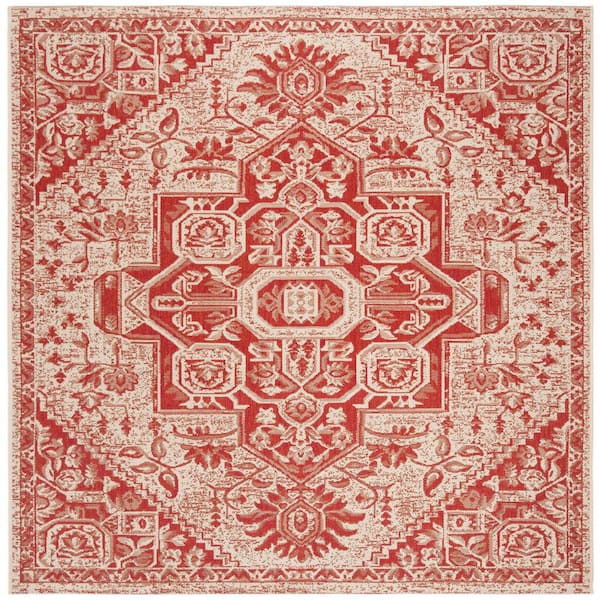 Linden Red/Creme 4 ft. x 4 ft. Ornate Medallion Indoor/Outdoor Square Area Rug