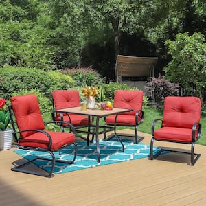 Black 5-Piece Metal Patio Outdoor Dining Set with Wood-Look Square Table and C-Spring Chairs with Red Cushions