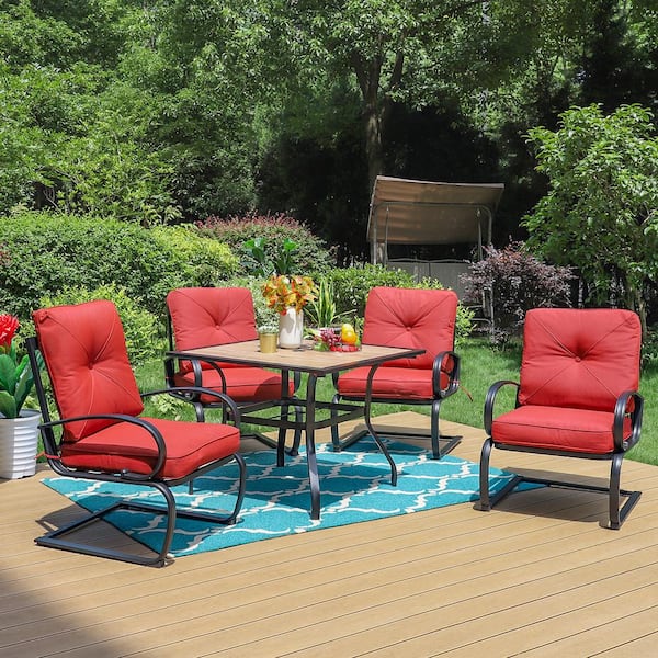 PHI VILLA Black 5-Piece Metal Patio Outdoor Dining Set with Wood-Look Square Table and C-Spring Chairs with Red Cushions